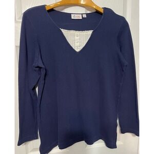 Denim & Company Womens Navy Blue Long Sleeve V Neck Henley Top Sz L Lace insert